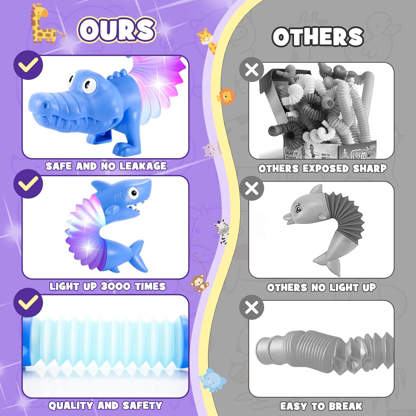 Animals Fidget Toys for Toddlers: 6 Pack LED Animal Pop Tubes for Kids 2 3 4 5 6 Year Old Girls Boys Halloween Birthday Gifts New Autism Sensory Toy for Toddler Age 3-5 Tube Set Light Up Party Favors