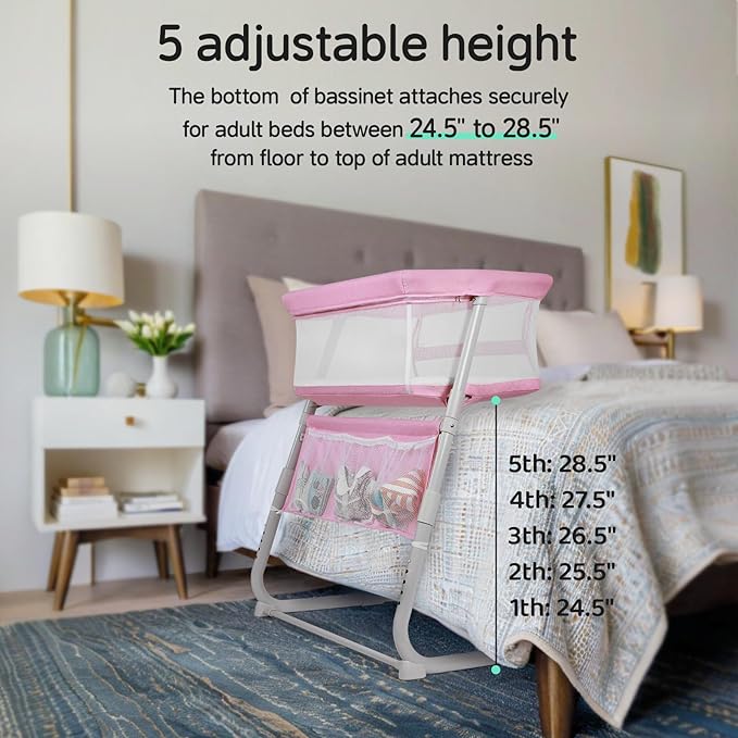 Cowiewie Bassinet Bedside Sleeper,Baby Bassinets Higher Place on Bed,5-Position Adjustment Baby Crib,Breathable 360°All-Around Mesh Sides Bedside Bassinet,Space-Saving Bedside Cribs, Pink