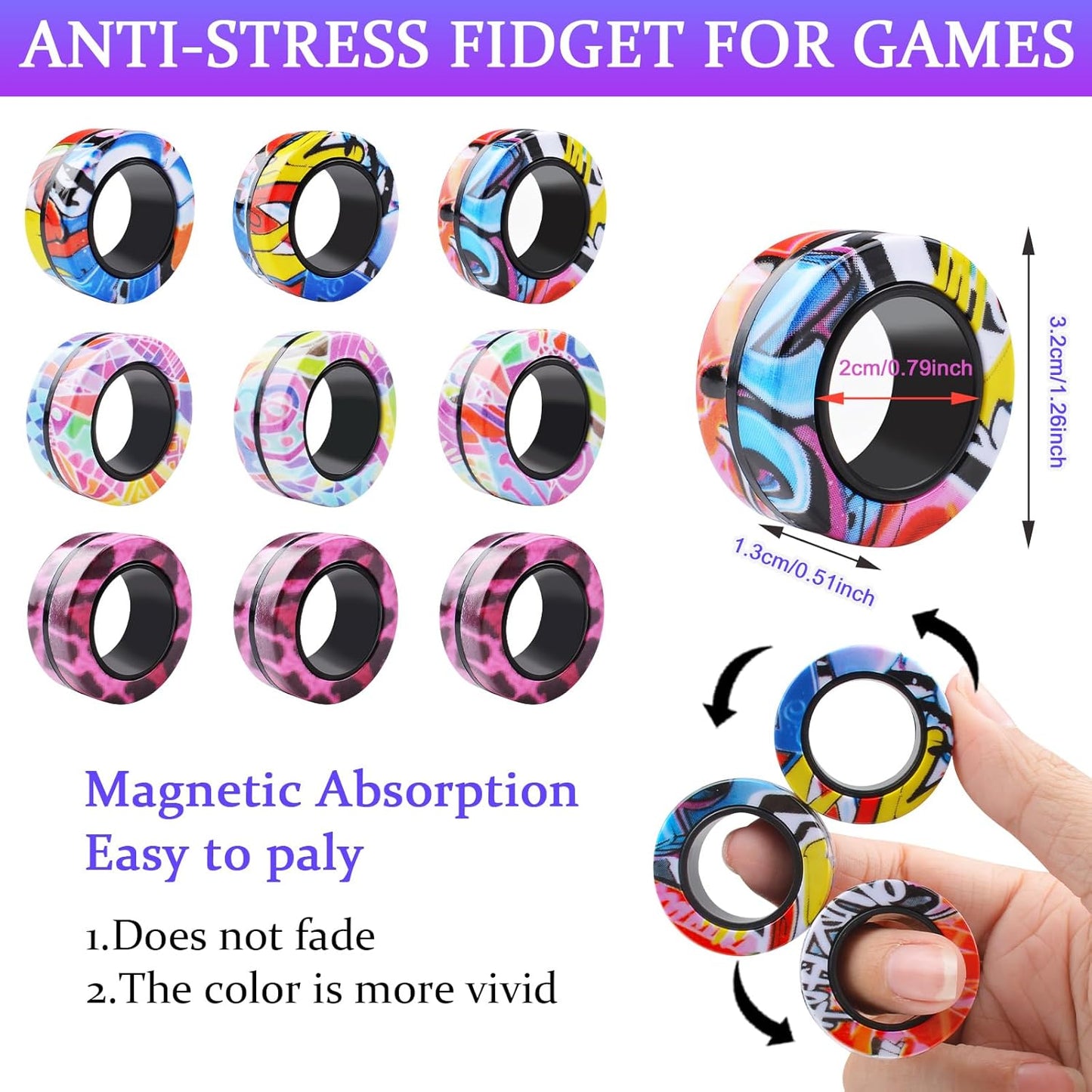 Cevioce 9Pcs Magnetic Rings Fidget Toy Set, ADHD Anxiety Magnetic Fidget Toys Adults Fidget Spinner Rings for Relief, Gifts for 8+ Year Old Teen Boy Girl C