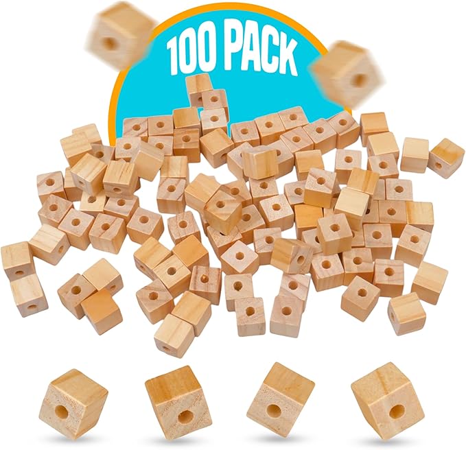 1/2" Wood Cubes with Holes - 100 Pack - Unfinished Solid Wood Beads for DIY Craft and Building Projects