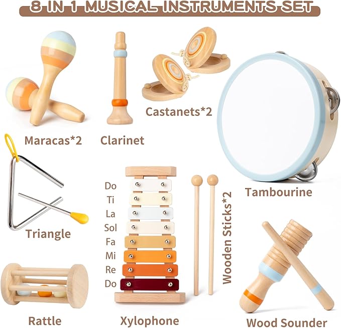 Baby Musical Instruments, Montessori Wooden Toys for Toddlers 1-3, Neutral Colors Percussion Instruments, Modern Boho Xylophone for Kids, Preschool Educational Baby Musical Toys