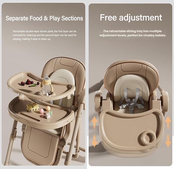 Nine point nine PU Leather Baby High Chair with Swinging Function, High Chairs for Babies and Toddlers, Removable Double Tray Baby Seat Feeding Chairs (8121 Khaki)