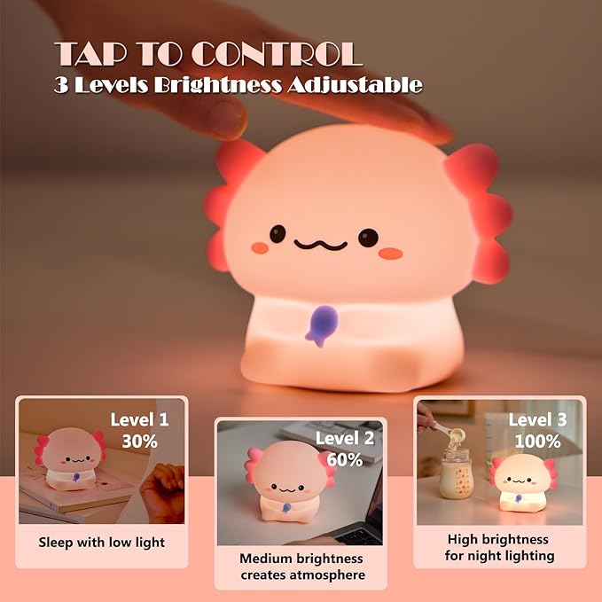 Axolotl Cute Cartoon Nursery Night Lights, Animal Design Safe Silicone Soft LED Nursery Lamp for Toddler Room Decoration