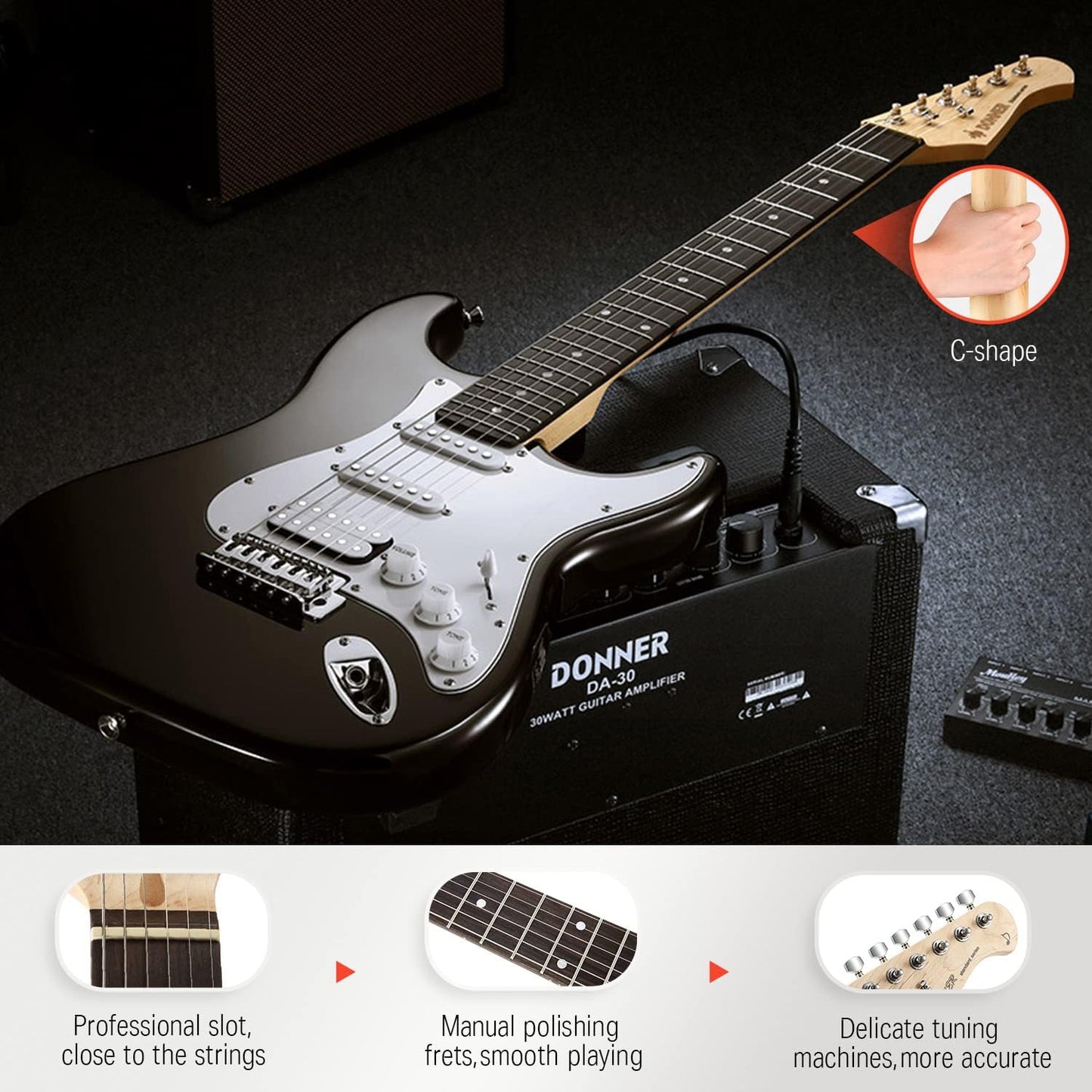 Donner DST-100B 39 Inch Electric Guitar Beginner Kit Solid Body Full Size Black HSS for Starter, with Amplifier, Bag, Digital Tuner, Capo, Strap, String,Cable, Picks
