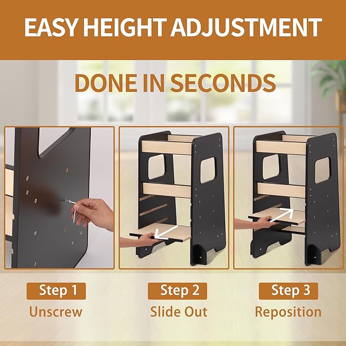 Toddler Kitchen Helper Tower for Ages 1–6 – 3-Level Adjustable Learning Tower, Toddler Standing Tower & Kitchen Stool Helper with Safety Rail, CPC Certified, Black