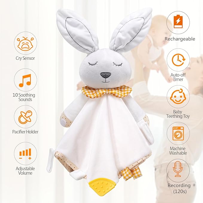BEREST Rechargeable Baby Sleep Soother Bunny Lovey- White Noise| Heartbeat| Shushing| Lullaby Infant Sleeping Aid with Cry Sensor at Nap Time Routine, Newborn Gifts Plush Toddler Snuggle Blanket Toy