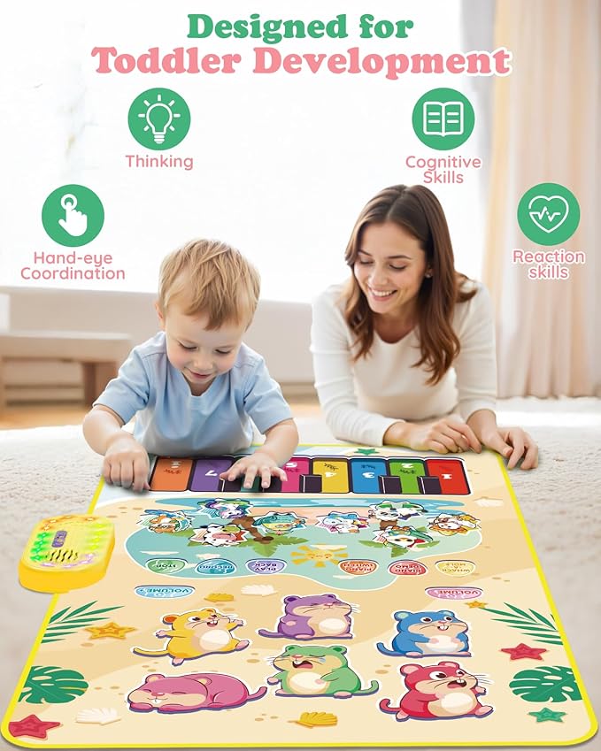 3-in-1 Musical Mat Toys for Toddlers, Led Light Up Mole Bashing & Piano Keyboard & Animal Sounds with 2 Drum Sticks,Early Educational Musical Learning Toys, Birthday Gifts for 3+ Boys & Girls