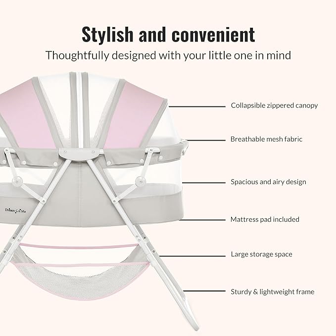 Dream On Me Karley Bassinet in Grey and Pink