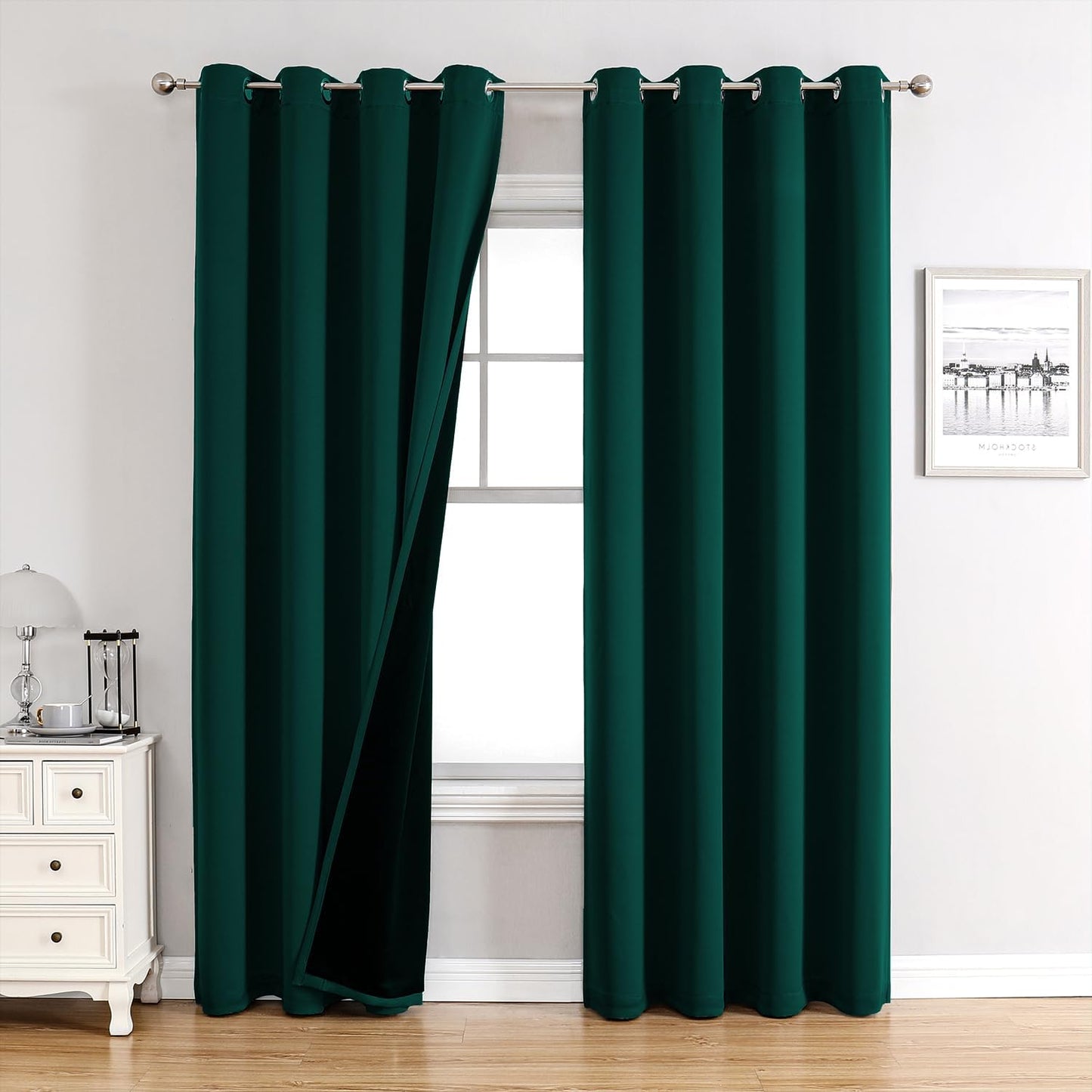 ChrisDowa 100% Blackout Curtains for Bedroom with Black Liner, 2 Thick Layers Total Blackout Thermal Insulated Grommet Long Window Curtains 2 Panels Set (Forest Green, 52 x 95 Inch)
