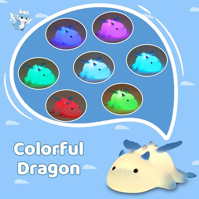 Ammonite Dragon Night Light, Cute Dragon Lamp with 8 Color Lights, Soft Silicone Kids Nursery Nightlight LED Touch Light, Kids Bedroom Decor as Xmas Birthday Gifts
