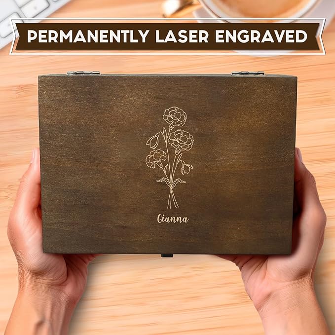 Personalized Birth Flower Memory Box Custom Engraved Wooden Keepsake Chest with Floral Design - Storage Boxes for Jewelry Photos Memento Keepsakes Customized Gifts for Women Birthday Mother's Day