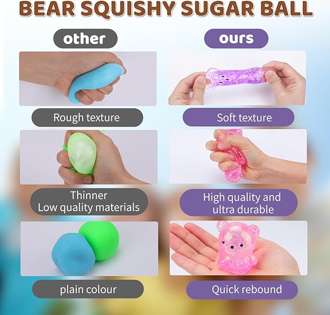 12Pack Fidget Toys Squishy ，Cute Bear Squeeze Ball , Stress Balls for Stress Relief，Pull Stretch Classroom Prize Party Favors Toys for Kids