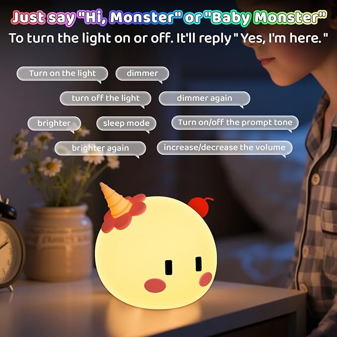 Monster Night Light for Kids, 8-Color Modes & Voice Controlled Light Lamps, Cute Soft Touch Silicone Portable Rechargeable Touch Nightlight for Breastfeeding, Bedroom Decor, Boys and Gifts for Girls