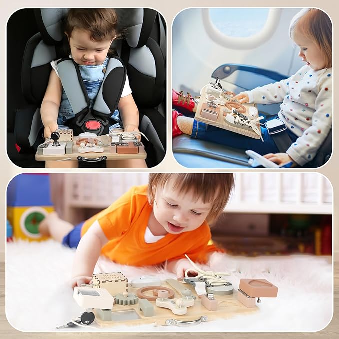 Joyreal Montessori Busy Board for Toddlers - Wooden Sensory Board Activity Board for Fine Motor Skills, Travel Baby Busy Board Sensory Toys for Kids