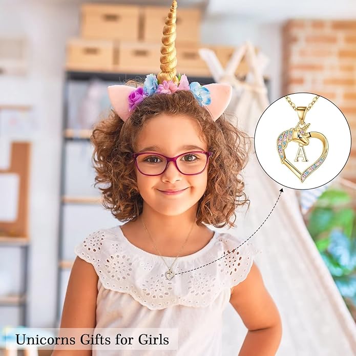 Hidepoo Unicorn Necklace Gifts for Girls - 14K-Gold-Plated Colorful CZ Heart Necklace Girls Jewelry Initial Unicorn Necklaces for Girl Birthday Gifts