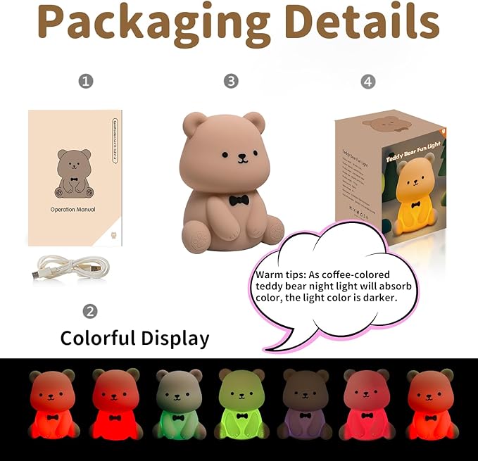 Cute Teddy Bear Night Light, LED Squishy Night Lamp, 7 Colors Dimmable Nursery Nightlight for Kids, Rechargeable Touch Lamp, Dorm Decor, Kids Funny Gifts (Teddy Bear)