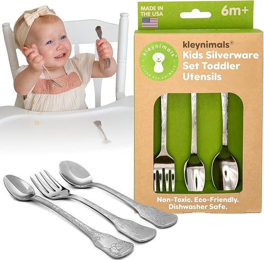 Kleynimals Safari Friends Made in USA Baby Flatware – 100% Stainless Steel Baby Forks and Spoons, Non-Toxic, BPA-Free, Eco-Friendly, Dishwasher Safe – Safe Utensils for Babies & Toddlers