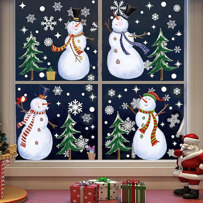 Snowman Window Clings, Christmas Windows Stickers, Snowflake Double-Side Window Clings for Glass, Xmas Windo Decals Christmas Decorations Indoor Holiday for Party