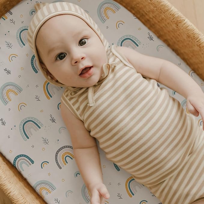 Stretch Fitted Bassinet Sheet Set BROLEX 2 Pack Cradle Sheets for Bassinet Pad/Mattress,Unisex Boys Girls,Ultra Soft,Rainbow Stars
