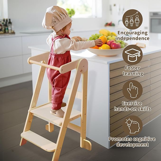 Foldable Toddler Tower Preassembled Kitchen Stool, Folding Tower for Learning with 3 Adjustable Heights Montessori Toddler Standing Tower Collapsible Step Stool for Kids 1.5-6y Natural