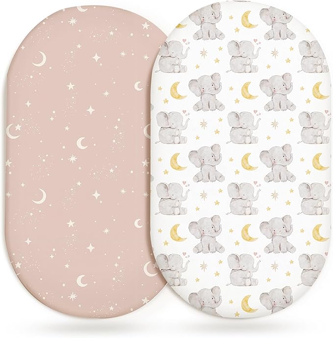 Bassinet Sheets for Baby Girls Boys 2 Pack, Fitted Baby Mattress Sheet for Rectangle, Oval, Hourglass Bassinet Mattress, Breathable Cozy & Universal Fit (Elephant Dream)