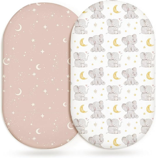 Bassinet Sheets for Baby Girls Boys 2 Pack, Fitted Baby Mattress Sheet for Rectangle, Oval, Hourglass Bassinet Mattress, Breathable Cozy & Universal Fit (Elephant Dream)