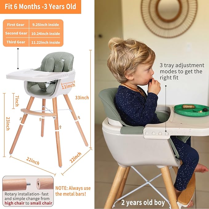 Mallify 3-in-1 Convertible Wooden High Chair, High Chairs for Babies and Toddlers, Baby High Chair with Adjustable Legs & Dishwasher Safe Tray, Made of Sleek Hardwood & Premium Leatherette, Green