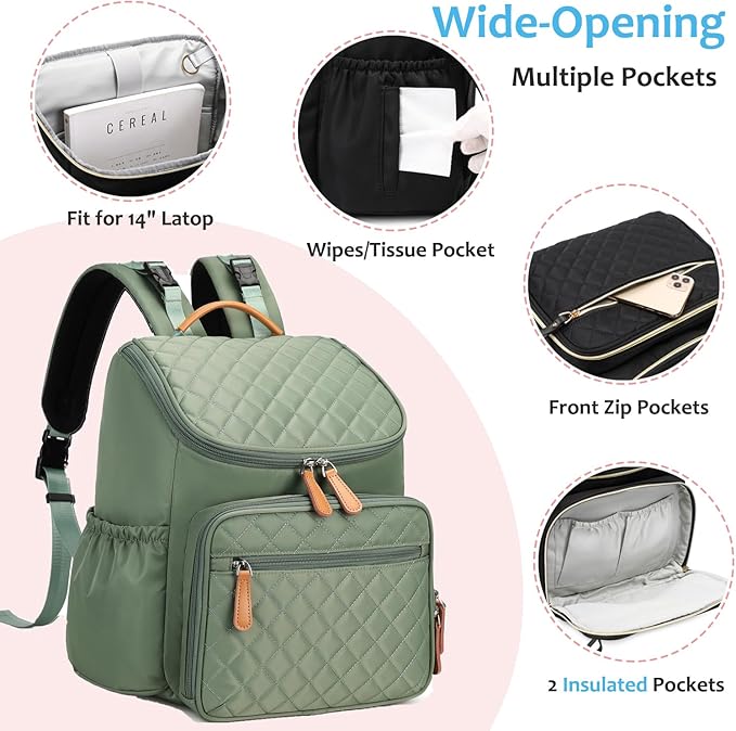 Large Capacity Diaper Bag Backpack with Stroller Buckle, Water-Resistant Travel Baby Bag with Insulated Pockets (Classic, Green)