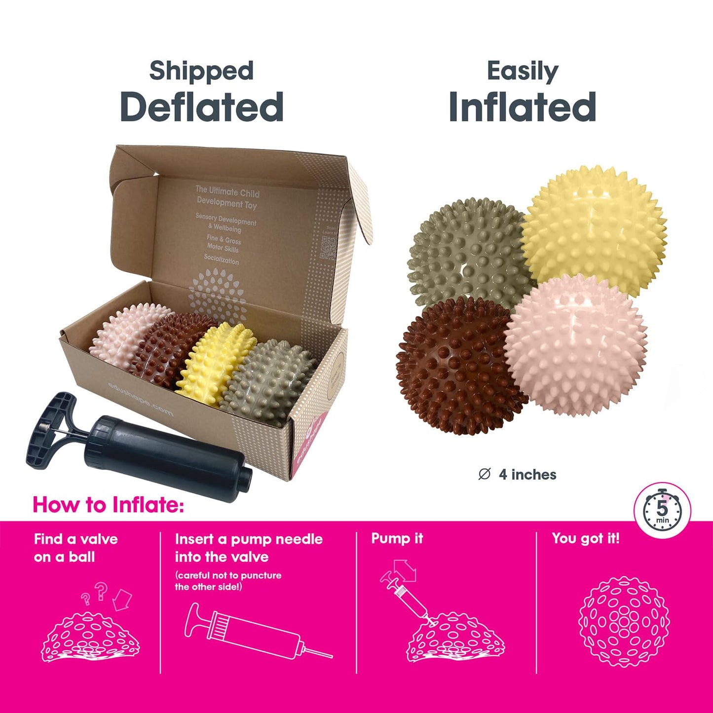 Edushape Original Sensory Ball for Baby - 4" Deflated with Pump - Boho Chic Color - Enhances Gross Motor Skills for Kids 6 Months & Up - Stocking Stuffer