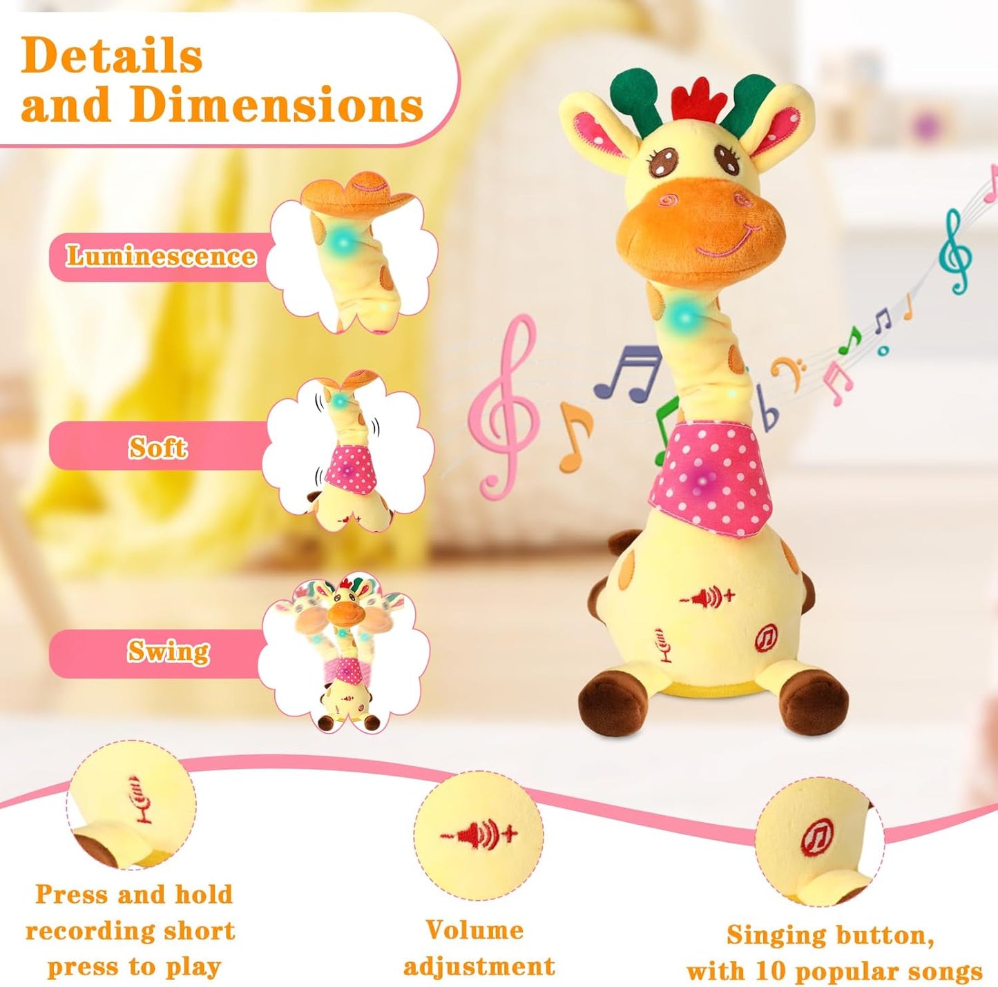 Dancing Talking Giraffe Toy, Stuffed Animal Baby Toy Repeating What You Say, Glowing Musical Giraffe with 10 Children's Songs Gifts for Toddlers 1-3 Years Old