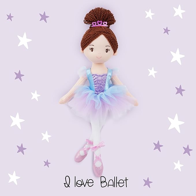 June Garden 16” Ballerina Doll Bella – Soft Plush Dance Recital Gift for Girls – Stuffed Ballet Doll with Purple Tutu and Tiara – Perfect for Toddlers and Little Dancers