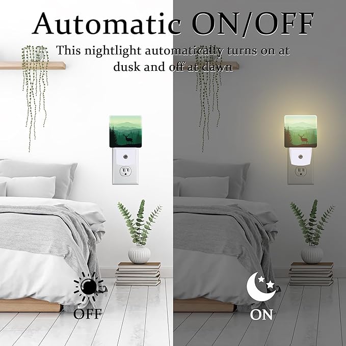Misty Forest Deer and Mountain Night Light for Kids,Natural Landscape Wild Animal Night Light Plug in with Dusk to Dawn Sensor,0.5w Energy Saving Nightlight for Hallway Stairway Kitchen Bedroom