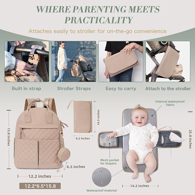 Diaper Bag Backpack, Baby Diaper Bag with 18 Pockets, Large Baby Bag Backpack for Girl Boy, Waterproof Diaper Bag with Changing Pad,Wet Dry Bag, Khaki
