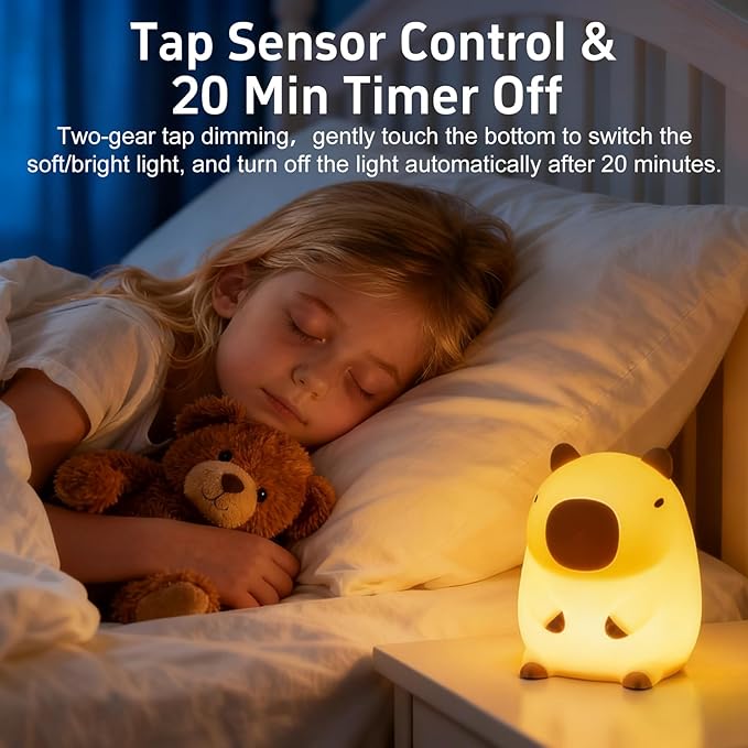 Cute Capybara Night Light for Kids, Squishy Capybara Lamp Gifts, Nursery Bedroom Decor, 2 Levels Dimmable Nursery Nightlight for Kids，Rechargeable LED Bedside Lamp with 20 Min Timer & Tap Control