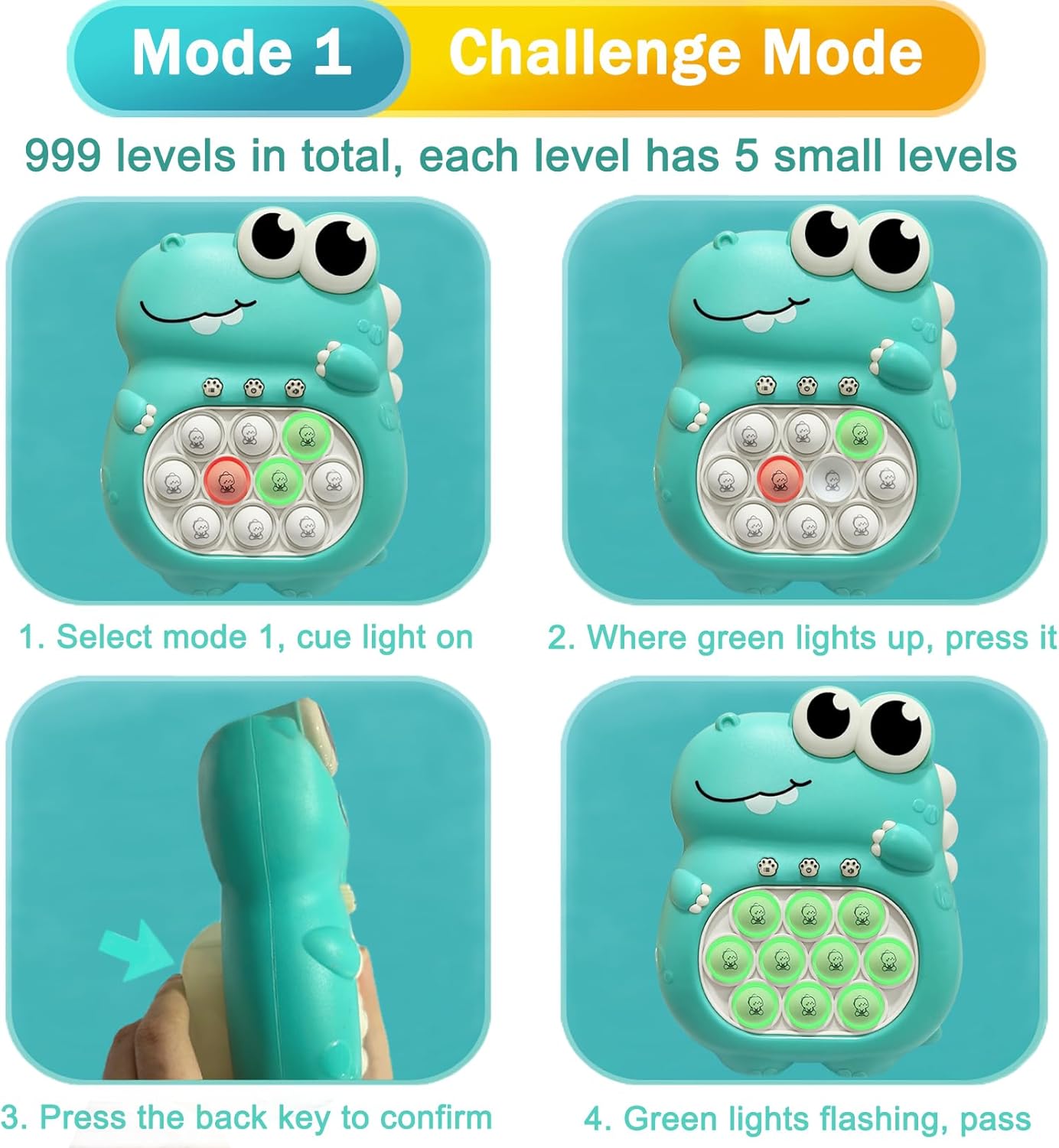 Pop Quick Push Game Light Up Fidget Toys Handheld Puzzle Press Popping Game Console for Kids Ages 3+ Adult Green Dinosaur