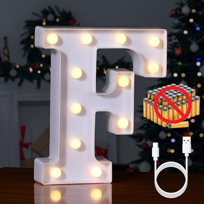 Foaky Rechargeable LED Letter Lights Sign Marquee Light Up Letters Sign for Night Light Wedding/Birthday Party Christmas Lamp Home Bar Decoration (F)