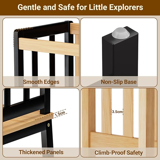 COSYLAND Toddler Kitchen Stool Helper – Stable A-Frame Design Kids Kitchen Step Stool with Protective Crossbar – Wooden Toddler Standing Tower for Learning in Bathroom (Black & Natural)