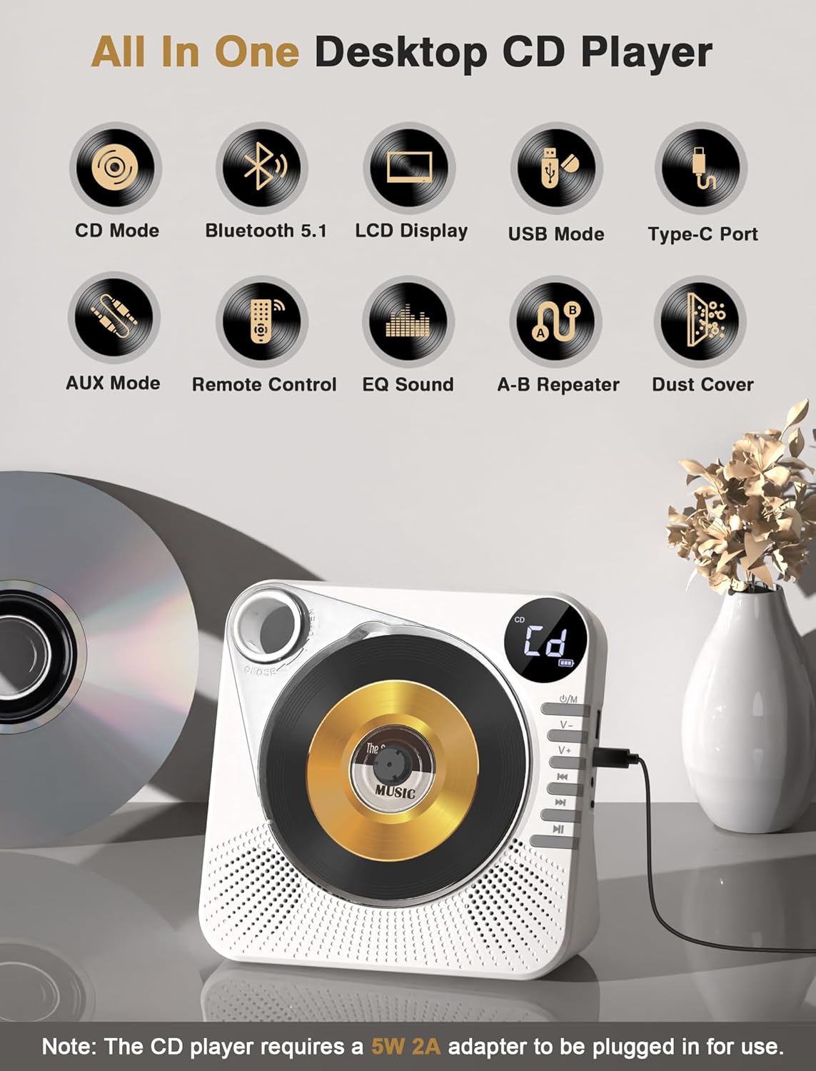 CD Player with HiFi Dual Speaker Portable Bluetooth,Desktop CD Player for Home with Remote Control,Dust Cover,LCD Display,Sleep Timer,EQ Sound,USB/AUX/3.5mm Earphone Jack for Home,Kids,Gift