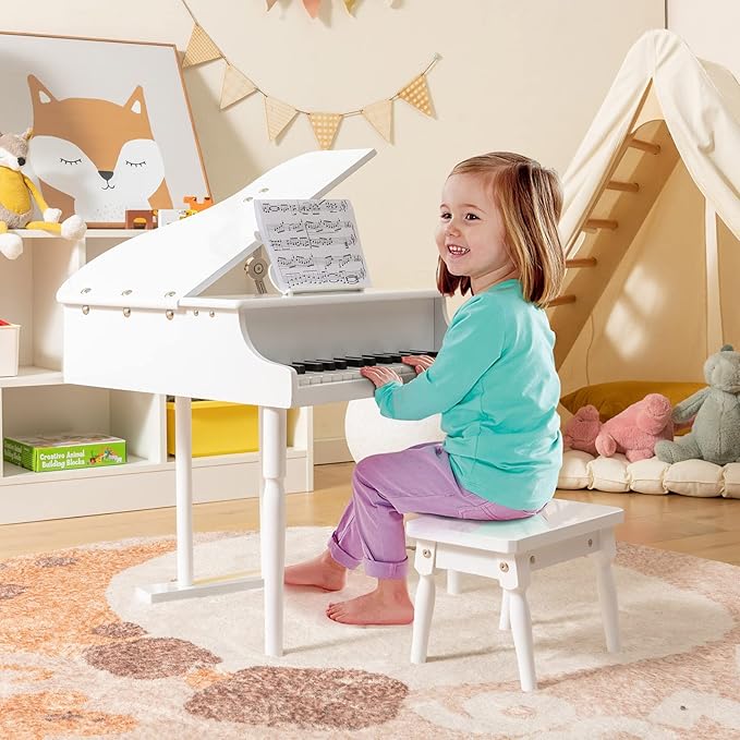 Goplus 30-Key Classical Kids Piano, Mini Grand Piano Wooden Learn-to-Play Musical Instrument Toy with Bench, Piano Lid, Music Rack, Gift for Boys Girls Aged 2+ Baby Toddler(3 Straight Leg-White)