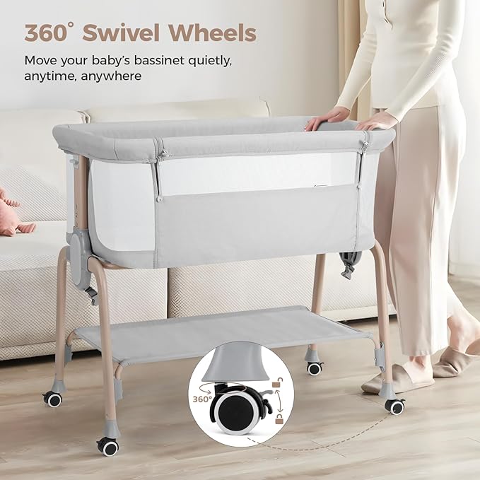 Cowiewie Bassinet Bedside Sleeper, Breathable Baby Bedside Bassinet and Mattress, Lightweight and Portable for Bedside Sleeping, Light Grey
