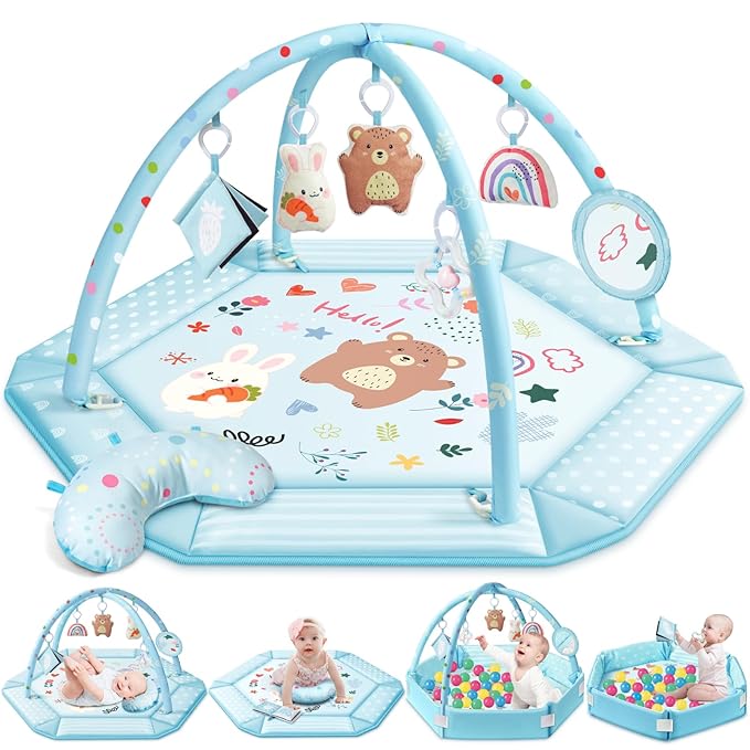 Baby Gym Play Mat, 8-in-1 Tummy Time Mat & Ball Pit with 6 Toys, Washable Baby Activity Mat for Visual, Hearing, Sensory, Motor Development, Baby Gift for Newborn Infant 0-3-6-9-12 Months (Blue)