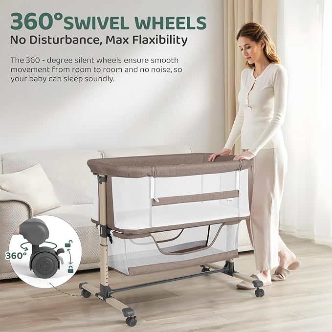 Cowiewie Bassinet Bedside Sleeper, Portable, Breathable, Adjustable Baby Bedside Bassinet for Peaceful Nights, Khaki