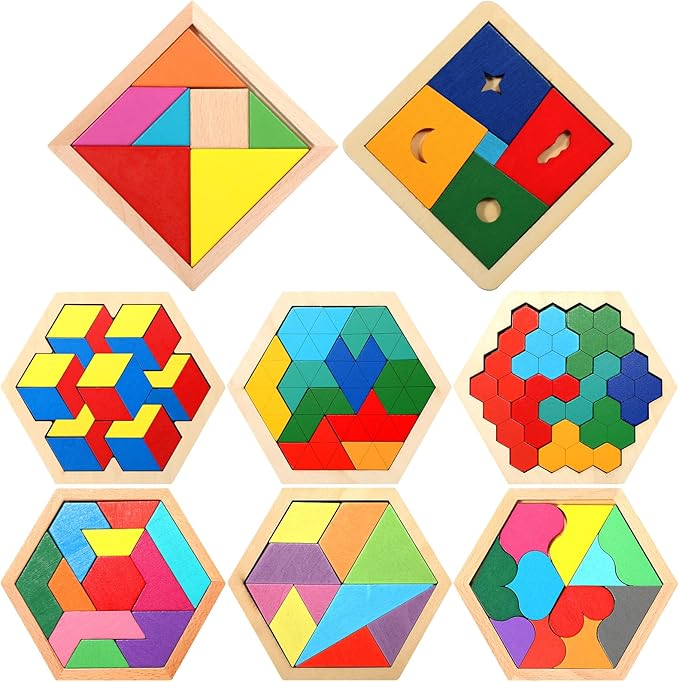 Jerify 8 Pack Wooden Tangrams Puzzles Wooden Hexagon Puzzles Blocks Geometric Tangram Jigsaw for Adults 3D Logic Intelligence IQ Game Gift