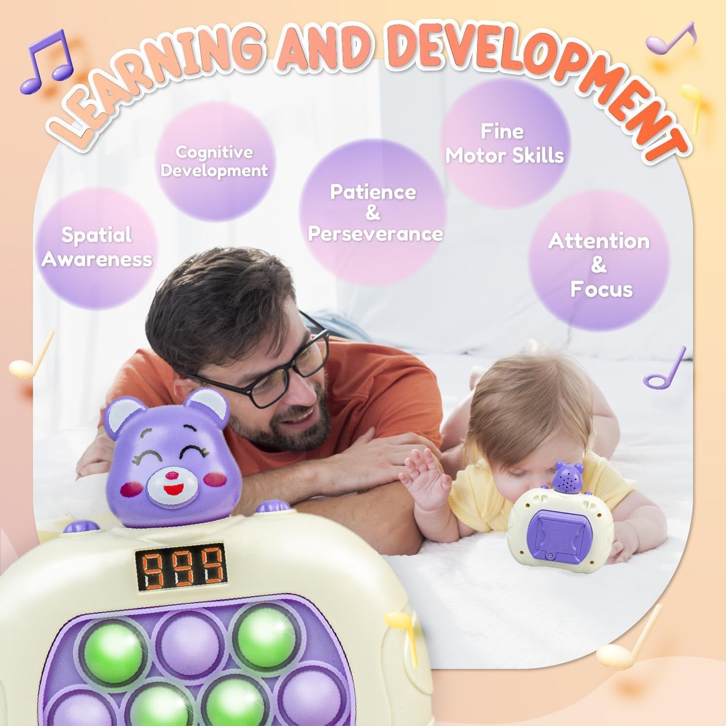 Marlo & Buzz Fast Push Game Toy with Popit Game Controller, Pop Fidget Animal with LED Screen - Sensory and Memory Console, Quick Bubble Light Toy, Pocket Games (Purple Bear)