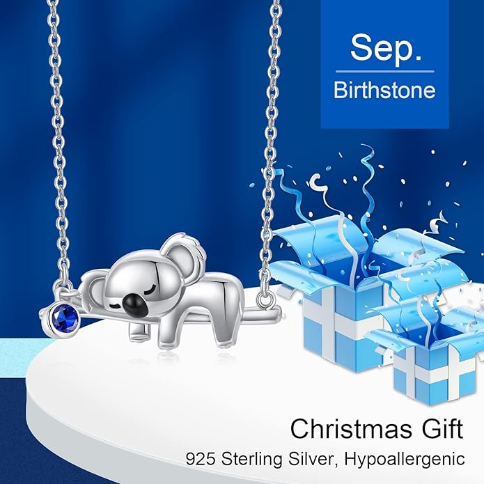 JUSTKIDSTOY Koala Necklace Sterling Silver Cute Animal Koala Bear Birthstone Necklace Jewelry Christmas Birthday Gifts for Women Girls