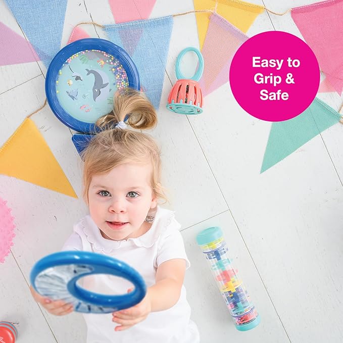 Edushape Classic Tambourine for Kids, Blue - Percussion Musical Instrument Baby Tambourine for Toddlers 1-3, Kids Tambourine Fun Tummy Time, Fine Motor, Auditory and Visual Sensory Development