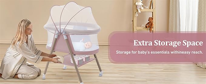 Baby bassinets,3 in1 Baby Crib, Sturdy, Portable & Easy to Assemble,Mosquito net and Portable Bag Included. (Pink)