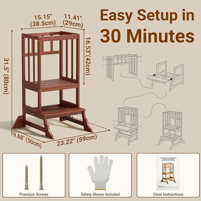 COSYLAND Toddler Step Stool Height Adjustable – Portable Kids Kitchen Stool Helper with Stabilizing Base Block – Toddler Standing Tower for Bathroom Living Room Dining Room (Brown)