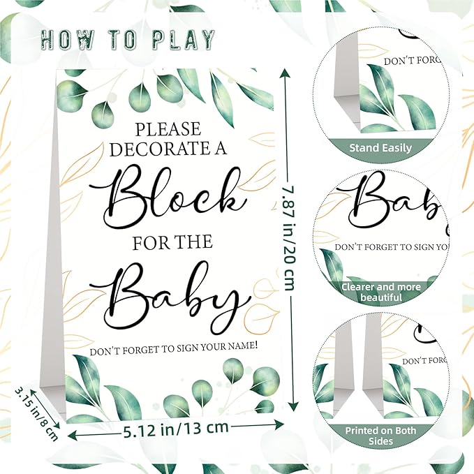 117 Pcs Baby Shower Blocks to Decorate Game Kit Includes 52 Wooden Blocks 24 Markers 1 Game Sign 40 Templates to Paint (Leaf)