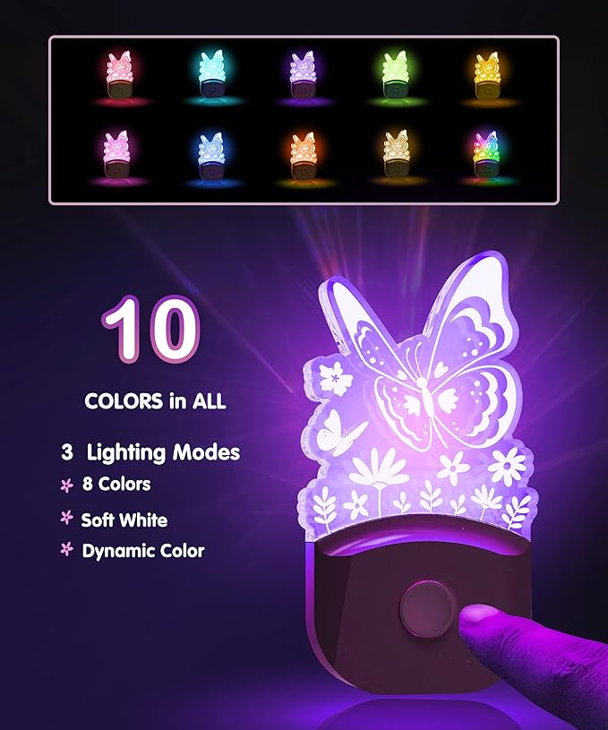L LOHAS LED Kids Night Light, 8 RGB Color Changing Butterfly Night Lights with Dusk to Dawn Sensor, Acrylic Nursery Nightlight for Baby Room, Toddler Bedroom Decor & Gifts